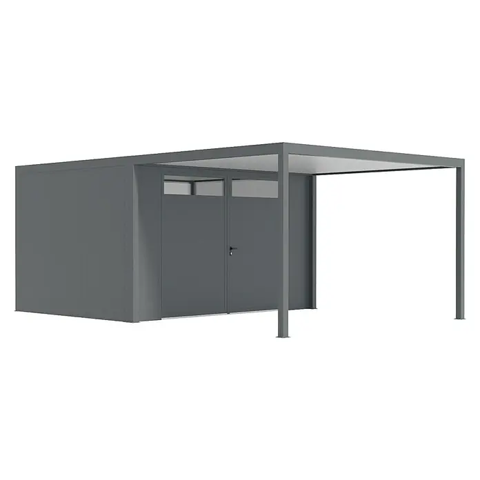 Wismar-NFI Carport - Außenmaß inkl. Dachüberstand (B x T): 4,25 x 6,4 m, Einzelcarport, Mit Anbau - Moderne Gerätehaus-Garage-Kombination in Grau, ideal für die Aufbewahrung von Gartengeräten und als Carport.