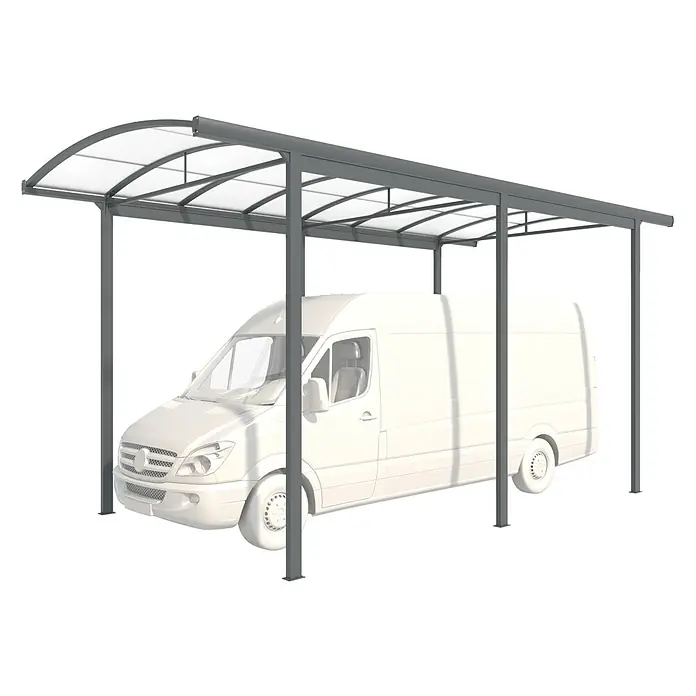 Wismar-NFI Carport Cintre Camping - Außenmaß inkl. Dachüberstand (B x T): 3,62 x 7,6 m, Einzelcarport - Abbildung eines Carports mit einem weißen Lieferwagen darunter, der Schutz und Komfort für Fahrzeuge bietet.