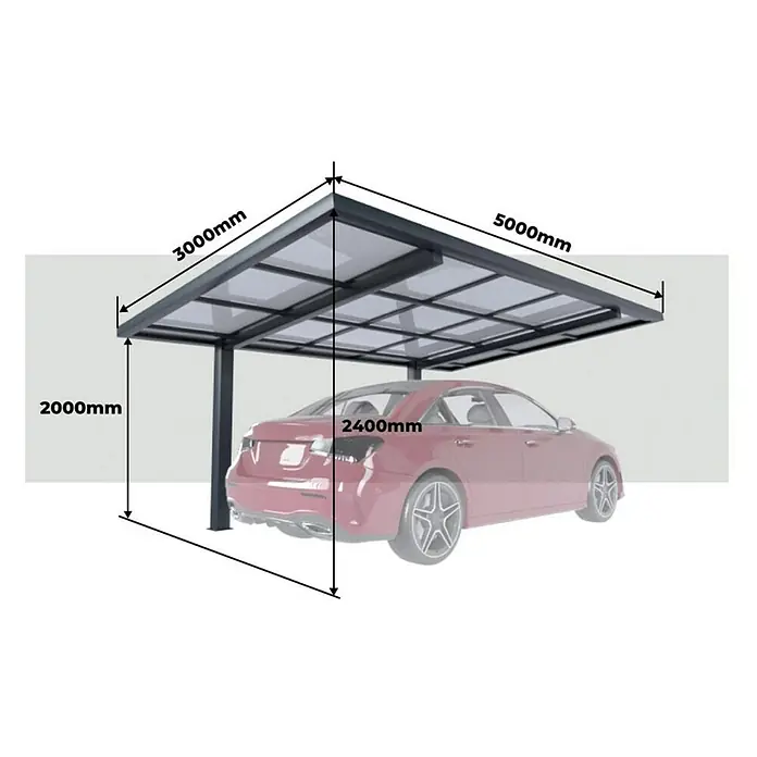 Wismar-NFI Carport - Außenmaß inkl. Dachüberstand (B x T): 3 x 5 m, Pultdach - Abbildung eines Carports mit Abmessungen. Der Carport ist 3000 mm breit, 5000 mm lang und 2000 mm hoch. Die Höhe zum Auto beträgt 2400 mm.