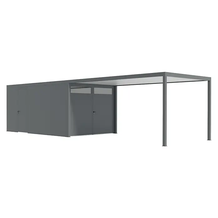 Wismar-NFI Carport - Außenmaß inkl. Dachüberstand (B x T): 3,25 x 1,04 m, Einzelcarport, Mit Anbau - Modernes graues Gartenhaus mit angeschlossenem Carport-Bereich, ideal für zusätzlichen Stauraum und Wetterschutz im Außenbereich.