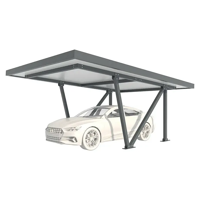 Wismar-NFI Carport Acier - Außenmaß inkl. Dachüberstand (B x T): 4 x 6 m - Ein modernes Carport-Design, das ein weißes Auto schützt. Die robuste Konstruktion bietet zuverlässigen Schutz vor Wettereinflüssen.
