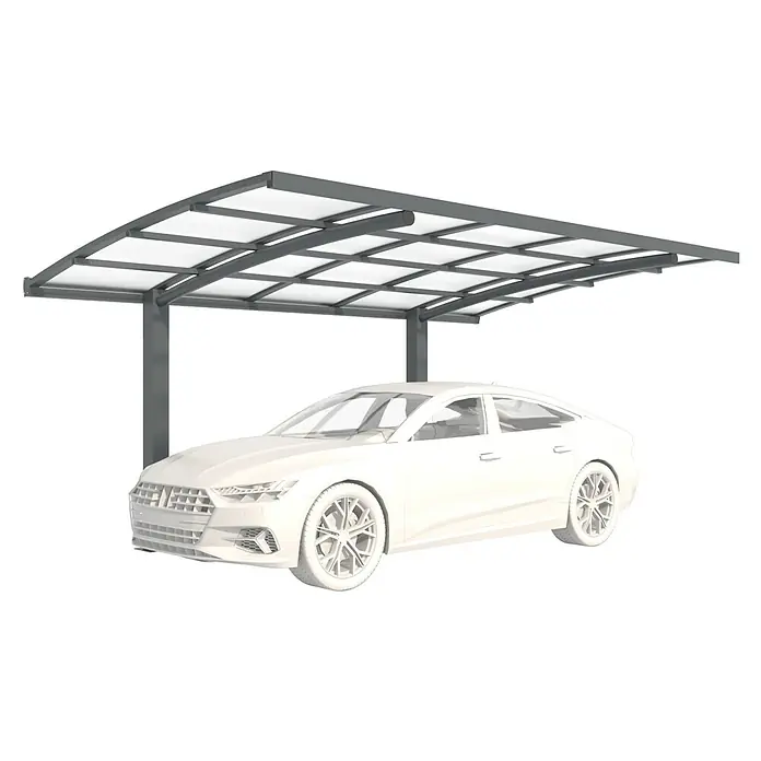 Wismar-NFI Carport - Außenmaß inkl. Dachüberstand (B x T): 3 x 5 m, Bogendach - Eine moderne Carport-Überdachung aus Metall mit einem darunter geparkten Auto, ideal für den Schutz vor Witterungseinflüssen. Stilvoll und praktisch.