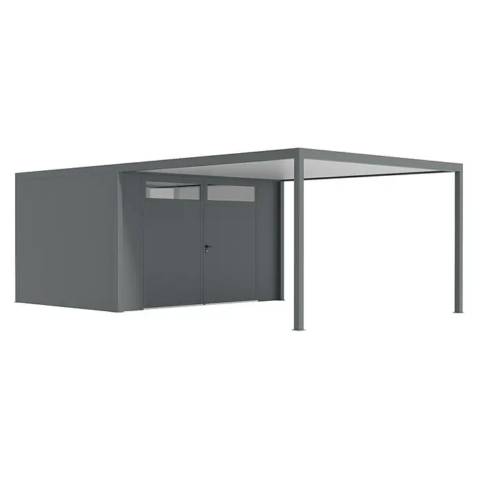 Wismar-NFI Carport 344 - Außenmaß inkl. Dachüberstand (B x T): 4,25 x 7,4 m, Einzelcarport, Mit Anbau - Moderne, graue Gerätehaus-Garage mit offenem Unterstand für Fahrräder oder Gartengeräte, ideal für zusätzlichen Stauraum im Außenbereich.