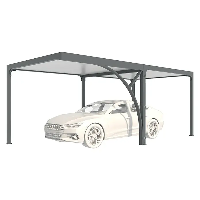 Wismar-NFI Carport - Außenmaß inkl. Dachüberstand (B x T): 3 x 6 m, Einzelcarport - Ein grauer Carport mit einem darunter geparkten Auto. Der Carport bietet Schutz und eine moderne Optik.