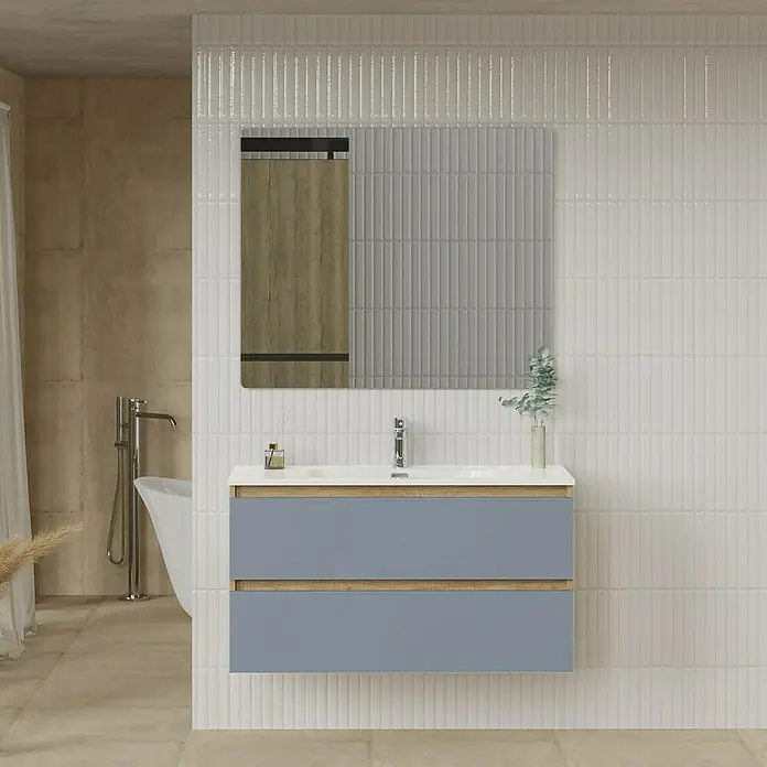 Artysan Conjunto de mueble de baño Funk - Ancho: 100 cm, Nature/Azul, 3 pzs. - Lavabo de baño moderno con cajones azules y espejo para un ambiente de baño elegante.