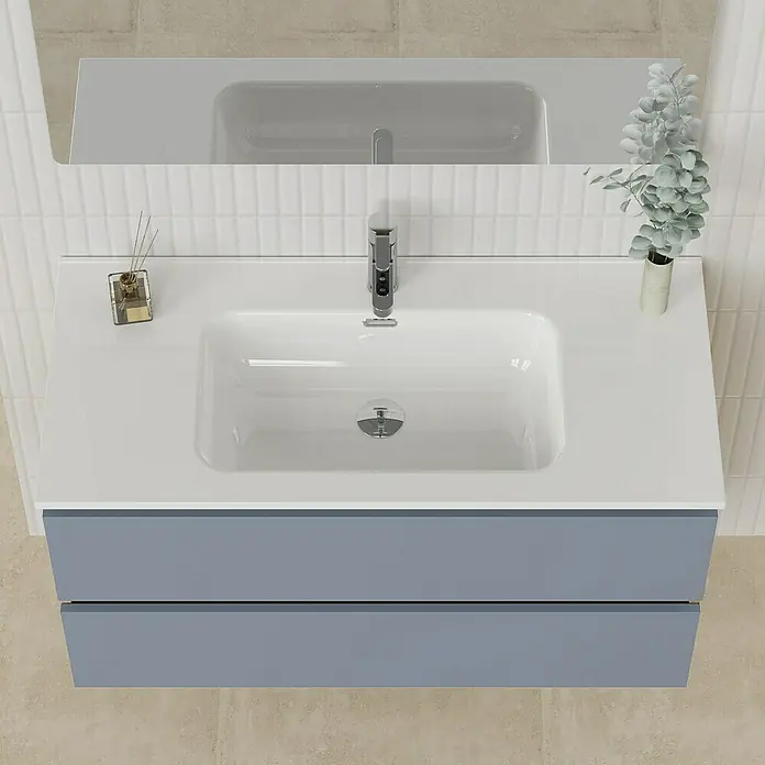 Artysan Conjunto de mueble de baño Funk - Ancho: 100 cm, Nature/Azul, 3 pzs. - Un lavabo moderno con mueble bajo azul y lavabo blanco, ideal para un baño con estilo.