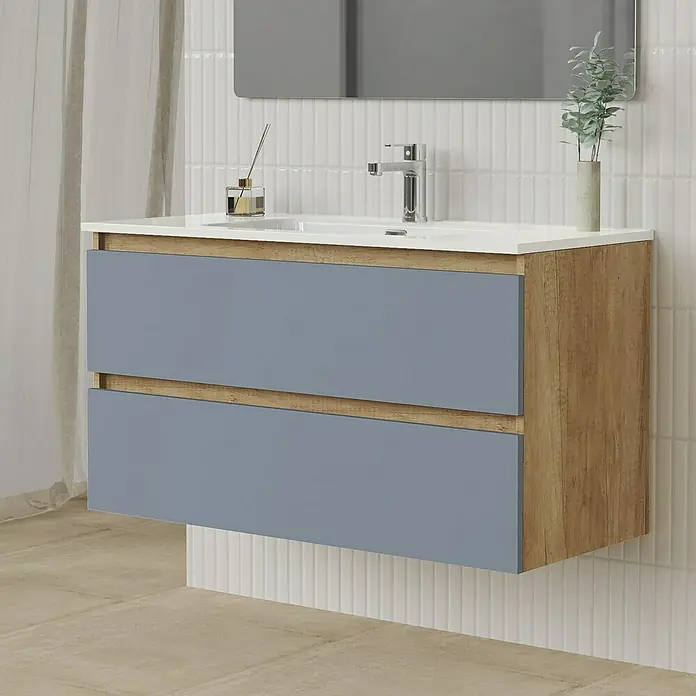 Artysan Conjunto de mueble de baño Funk - Ancho: 100 cm, Nature/Azul, 3 pzs. - Elegante mueble de baño con dos cajones grises y textura de madera, ideal para baños modernos.