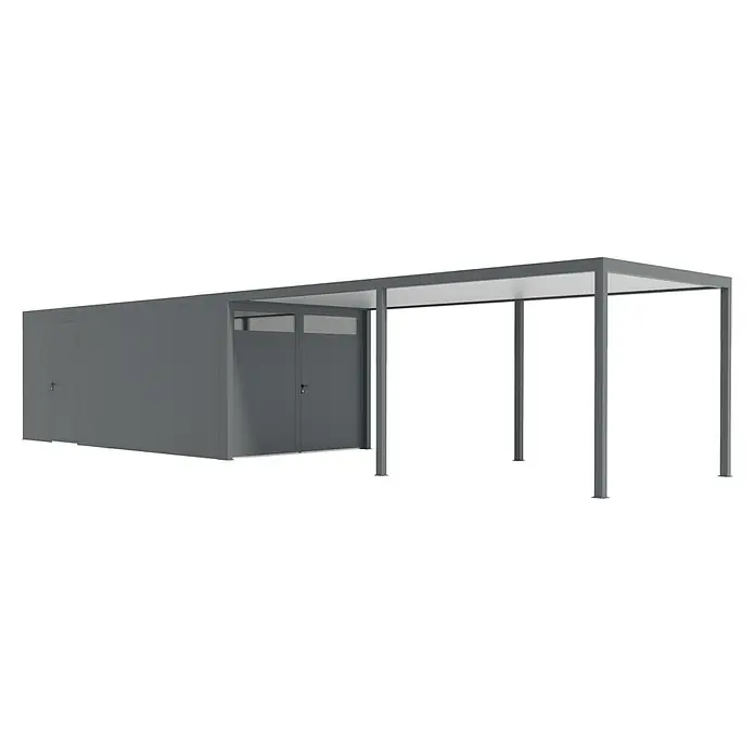 Wismar-NFI Carport - Außenmaß inkl. Dachüberstand (B x T): 3,25 x 1,27 m, Einzelcarport, Mit Anbau - Eine graue Fahrradgarage mit Überdachung bietet sicheren Schutz und einen wettergeschützten Bereich. Ideal für Fahrräder und mehr.