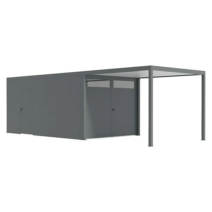 Wismar-NFI Carport - Außenmaß inkl. Dachüberstand (B x T): 3,25 x 8,4 m, Einzelcarport, Mit Anbau - Grauer Geräte- und Fahrradraum mit Überdachung für Fahrräder oder Gartengeräte, die zusätzlichen Schutz vor Witterungseinflüssen benötigen.