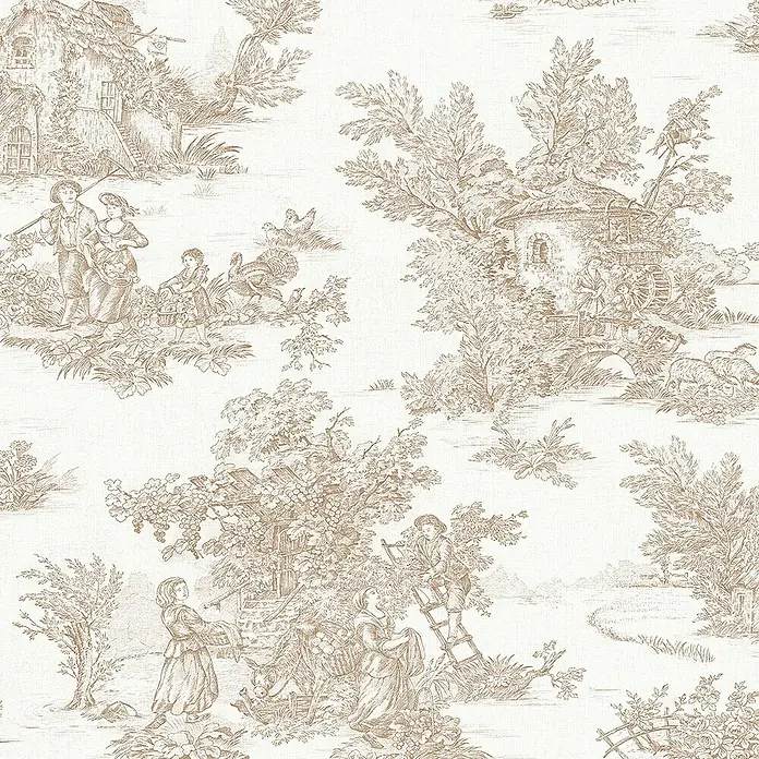 Glööckler Pompöös Provence Vliestapete - Beige/Braun, Grafisch, 10,05 x 0,53 m - Das Bild zeigt ein Toile-de-Jouy-Muster mit ländlichen Szenen in Sepiatönen auf einem strukturierten Hintergrund.