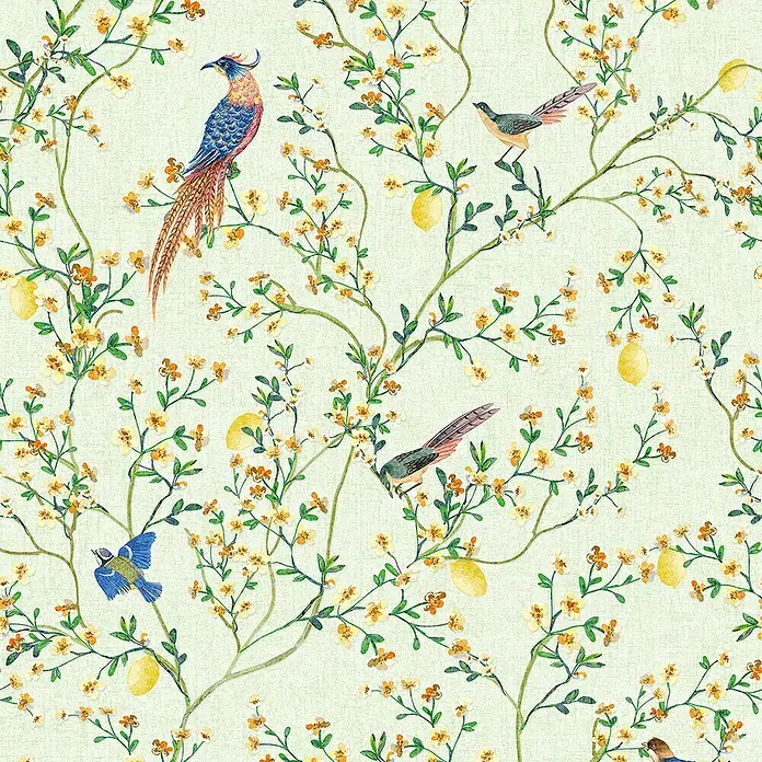 Glööckler Pompöös Provence Vliestapete - Grün/Orange/Gelb, Floral, 10,05 x 0,53 m - Nahtloses Muster mit floralem Design, gelben Blüten, Zitronen und bunten Vögeln auf hellgrünem Hintergrund.