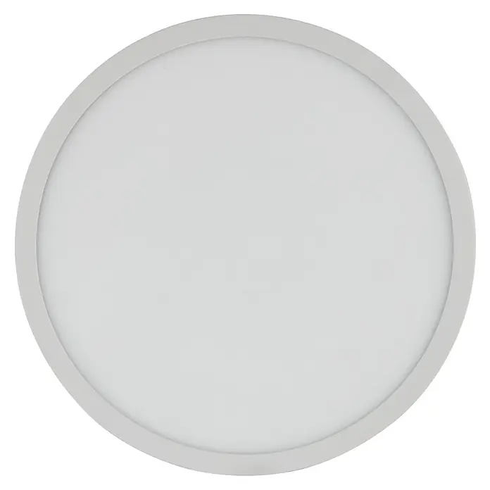 REV Feuchtraumleuchte Senso HF - IP44, Ø x H: 30 x 2,5 cm - Nahaufnahme einer runden, flachen LED-Deckenleuchte mit einem schlichten, weißen Design, ideal für moderne Innenräume.