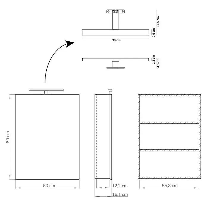 Artysan Armario con espejo LED Loft - An x Al: 60 x 80 cm, Blanco, Con iluminación, Número de puertas: 1 ud. - Dibujo técnico de un armario de pared con iluminación y dimensiones.