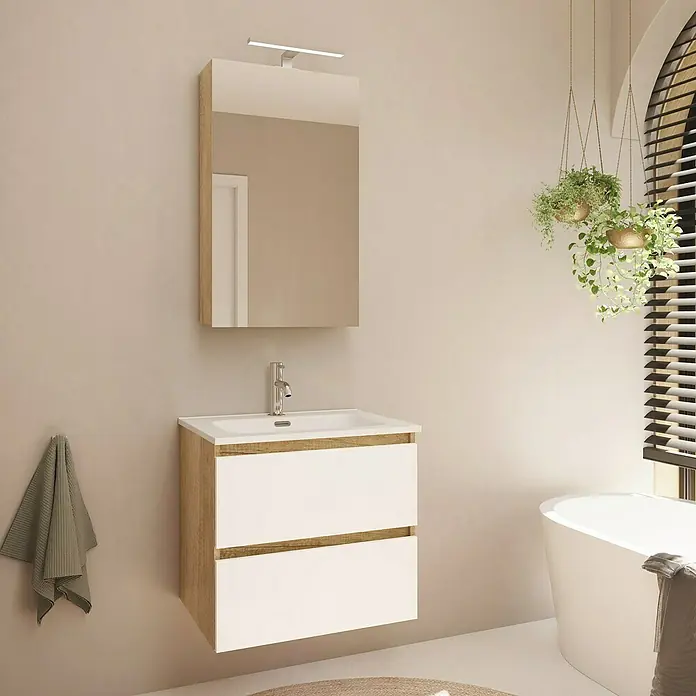 Artysan Armario con espejo LED Loft - An x Al: 48 x 80 cm, Nature, Con iluminación, Número de puertas: 1 ud. - Mueble de baño moderno con cajones blancos y estructura de madera debajo de un mueble espejo a juego con iluminación.