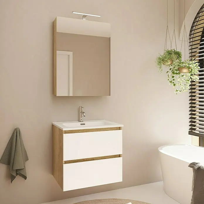 Artysan Armario con espejo LED Loft - An x Al: 60 x 80 cm, Nature, Con iluminación, Número de puertas: 1 ud. - Un baño moderno con un elegante mueble de lavabo con detalles en madera y cajones blancos bajo un espejo iluminado.