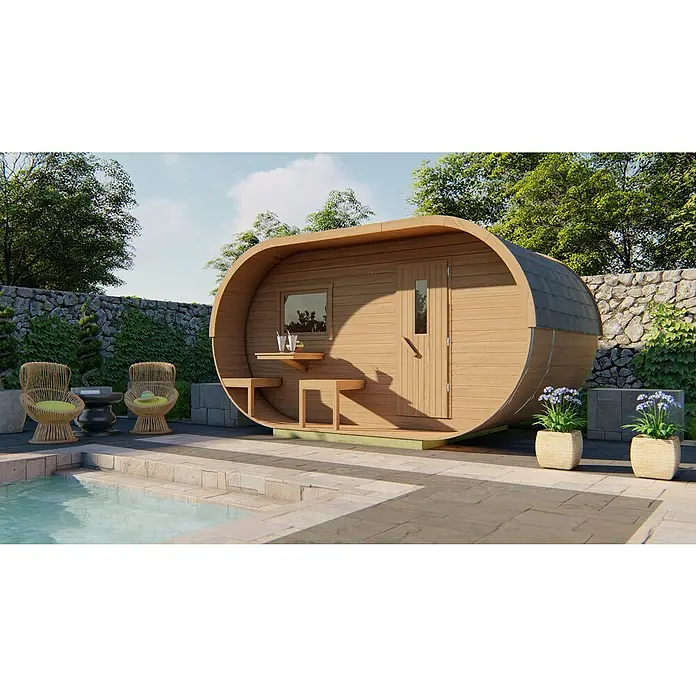 Tuindeco Saunahaus - L x B x H: 405 x 240 x 216 cm, Ohne Ofen - Die Fasssauna im Fassdesign ist der perfekte Ort zum Entspannen und Genießen. Die Sauna bietet Platz für mehrere Personen und ist mit allem Komfort ausgestattet.