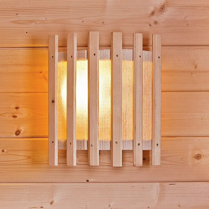 Tuindeco Saunaleuchte - 60 W, Holz - Holzverkleidete Wandleuchte mit Gitterdesign, die ein warmes, diffuses Licht in den Raum wirft und eine gemütliche Atmosphäre schafft.