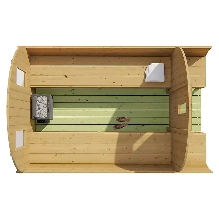 Tuindeco Fasssauna - L x B x H: 300 x 205 x 220 cm, Ohne Ofen - Top-Ansicht einer Holzfasssauna mit Ofen, Handtuch und Flip-Flops. Ideal für Wellness und Entspannung im eigenen Garten.