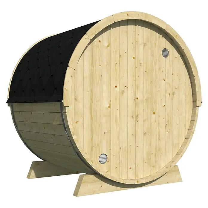 Tuindeco Fasssauna - L x B x H: 205 x 160 x 205 cm, Ohne Ofen, Unbehandelt - Fassförmige Außensauna aus hellem Holz mit schwarzem Dach, ideal für entspannende Momente im eigenen Garten.