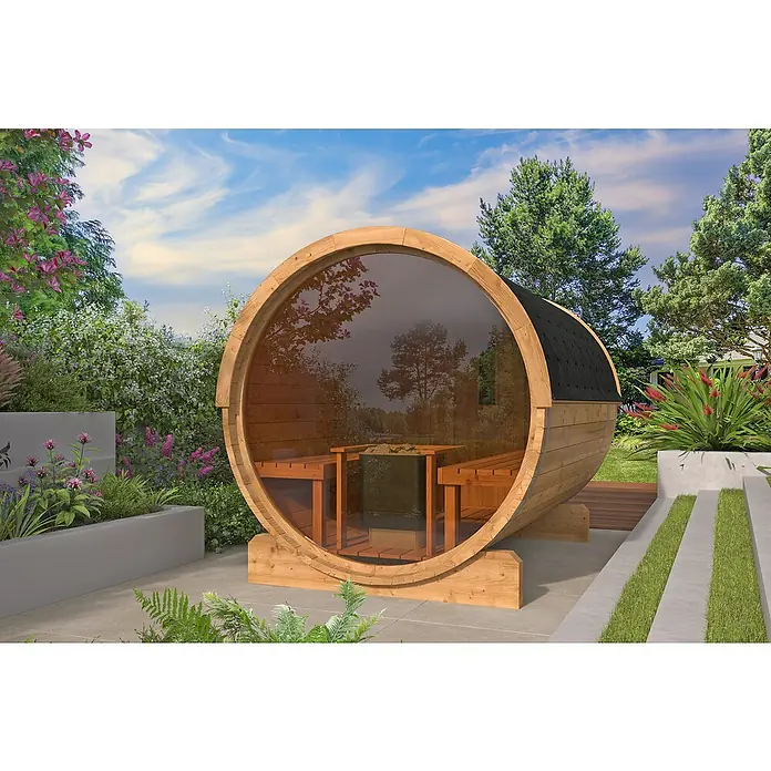 Tuindeco Fasssauna - L x B x H: 300 x 205 x 220 cm, Ohne Ofen, Großes Panoramafenster - Die Fasssauna mit Glastür und Holzeinrichtung bietet ein entspannendes Saunaerlebnis im eigenen Garten. Ideal für Wellness und Erholung im Freien.