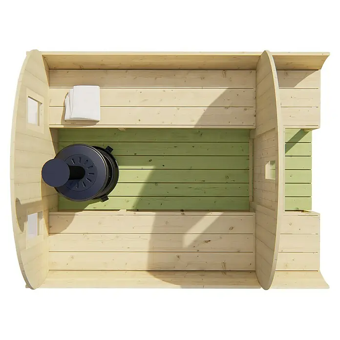 Tuindeco Fasssauna - L x B x H: 250 x 205 x 205 cm, Ohne Ofen, Unbehandelt - Blick von oben auf eine Sauna mit Holzbänken, einem Ofen und einem weißen Handtuch, die zum Entspannen einlädt.
