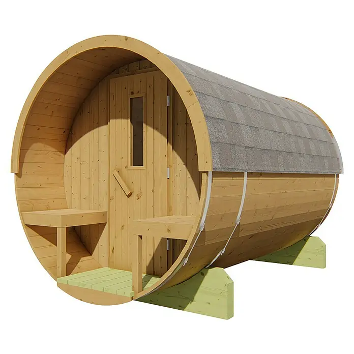 Tuindeco Fasssauna - L x B x H: 300 x 205 x 220 cm, Ohne Ofen - Abgebildete Fasssauna mit Sitzbänken und einem kleinen Fenster in der Tür. Das Dach ist mit grauen Schindeln bedeckt.