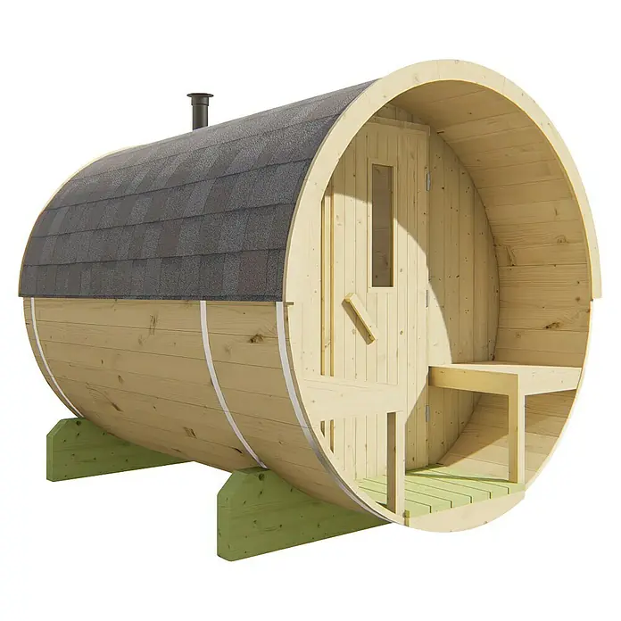 Tuindeco Fasssauna - L x B x H: 250 x 205 x 205 cm, Ohne Ofen, Unbehandelt - Ein Fass Sauna mit einer Tür, einem kleinen Fenster und einer Bank im Inneren. Auf dem Dach befinden sich Schindeln.