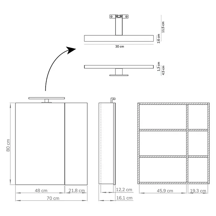 Artysan Armario con espejo LED Loft - An x Al: 70 x 80 cm, Blanco, Con iluminación, Número de puertas: 2 ud. - Dibujo técnico detallado de un moderno armario de baño con iluminación, incluyendo dimensiones y diferentes vistas.