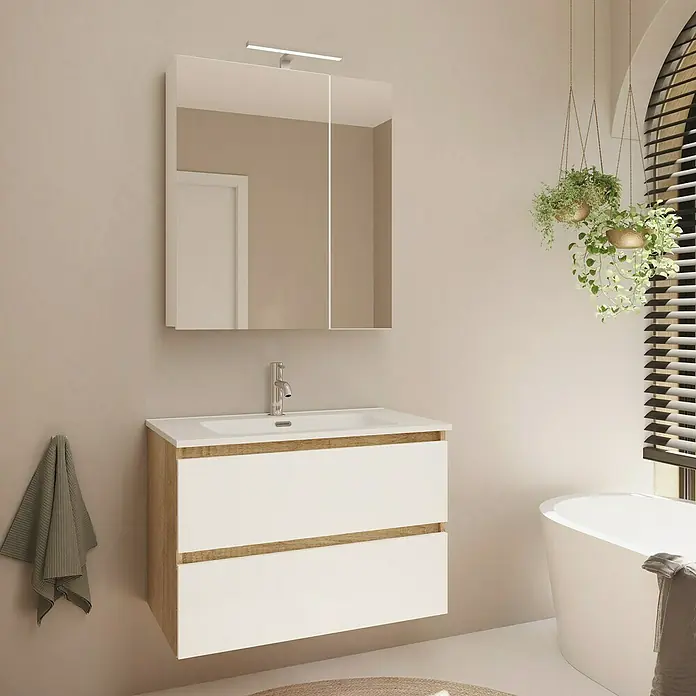 Artysan Armario con espejo LED Loft - An x Al: 70 x 80 cm, Blanco, Con iluminación, Número de puertas: 2 ud. - Interior de baño moderno con mueble de lavabo con cajones blancos y detalles de madera bajo un espejo iluminado.