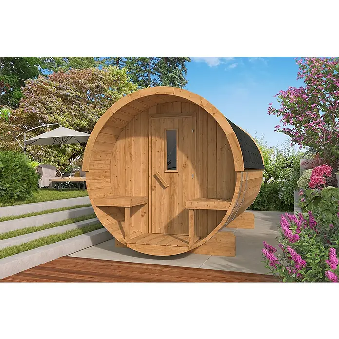 Tuindeco Fasssauna - L x B x H: 300 x 205 x 220 cm, Ohne Ofen, ½‑Panorama‑Fenster - Holzfass-Sauna im Außenbereich. Die runde Sauna verfügt über eine Tür, ein kleines Fenster und Bänke zum Entspannen.