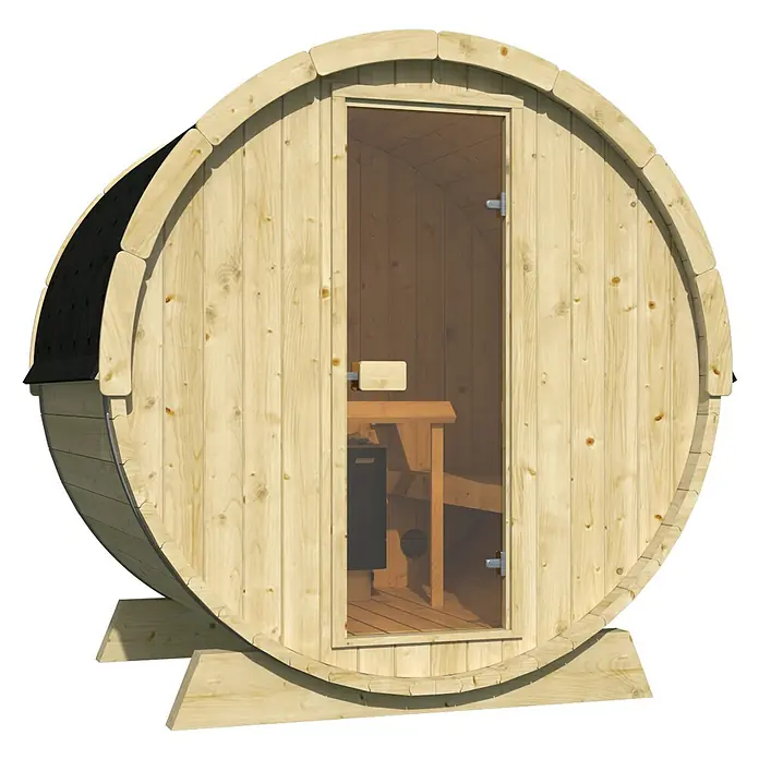 Tuindeco Fasssauna - L x B x H: 205 x 160 x 205 cm, Ohne Ofen, Unbehandelt - Ein Fass Sauna mit Glastür und Sitzbank. Ideal für Entspannung und Wellness im eigenen Garten.
