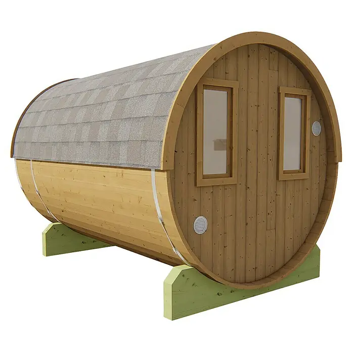 Tuindeco Fasssauna - L x B x H: 300 x 205 x 220 cm, Ohne Ofen - Fassförmige Sauna mit Schindeldach, zwei Fenstern und grüner Basis. Ideal für Entspannung.