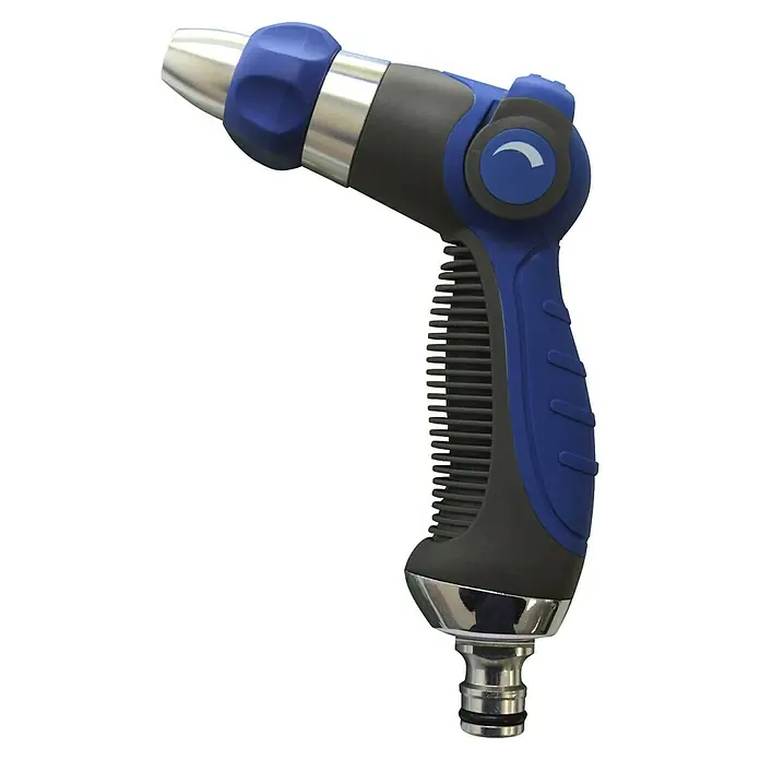 Pistola para el riego - Metal - Primer plano de una boquilla rociadora ajustable para manguera de jardín en azul, gris y plata.