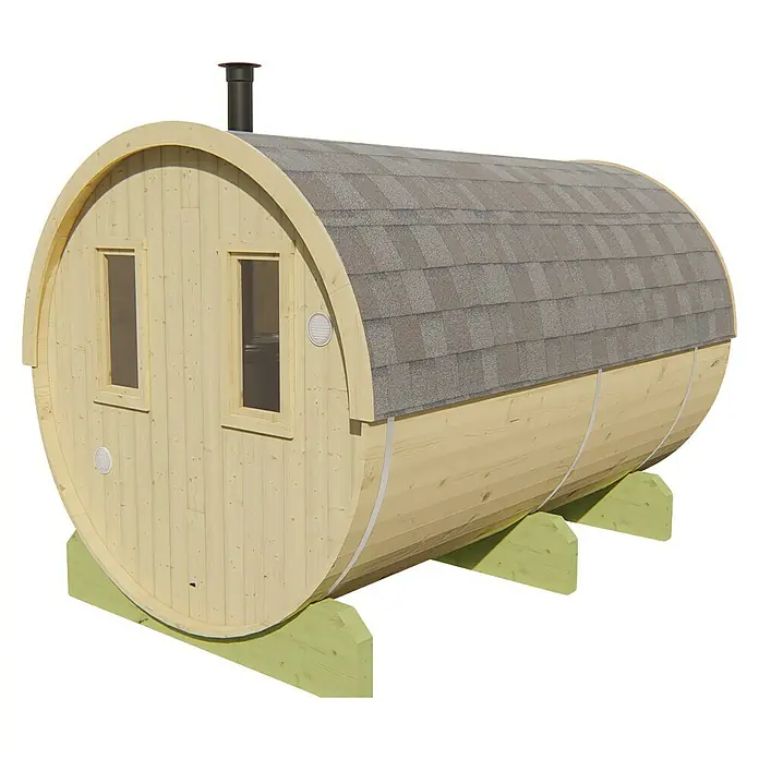 Tuindeco Fasssauna - L x B x H: 350 x 205 x 225 cm, Ohne Ofen, Unbehandelt - Ein Fass-Sauna-Bausatz mit Holzverkleidung und grauem Dach, ideal für Entspannung im Garten.