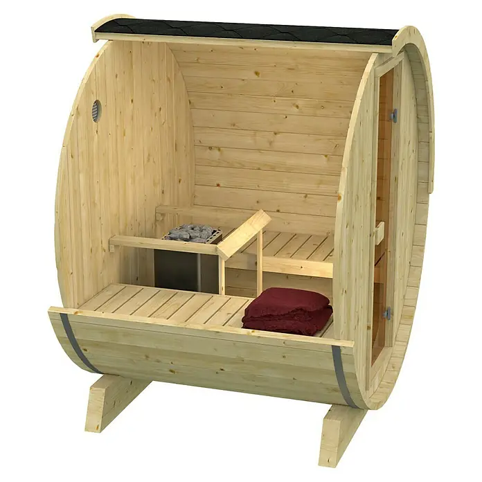 Tuindeco Fasssauna - L x B x H: 205 x 160 x 205 cm, Ohne Ofen, Unbehandelt - Ein Blick in eine Fasssauna aus Holz mit Bänken und Ofen. Sieht einladend und entspannend aus. Ideal für Wellness.