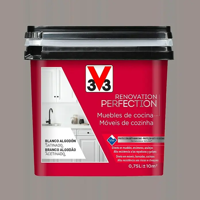 V33 Esmalte Cocinas Renovation Perfection - Inoxidable, 750 ml, Satinado - Bote de pintura V33 Renovation Perfection para muebles de cocina, blanco algodón, acabado satinado, ideal para muebles de cocina con tecnología antimanchas.
