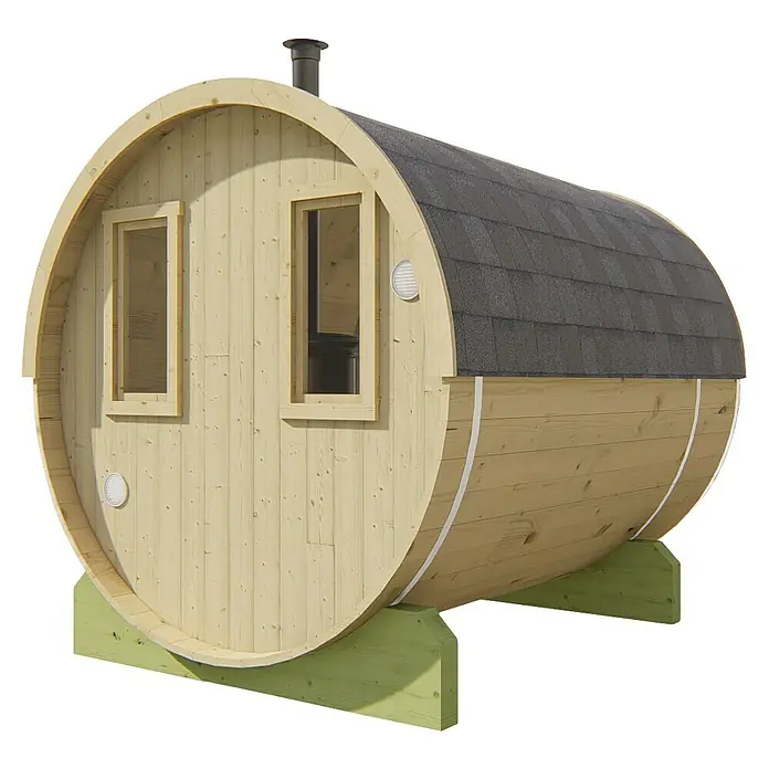 Tuindeco Fasssauna - L x B x H: 250 x 205 x 205 cm, Ohne Ofen, Unbehandelt - Ein Fasssauna-Bausatz aus hellem Holz mit zwei Fenstern und einem Schornstein, ideal für den Garten oder die Terrasse.