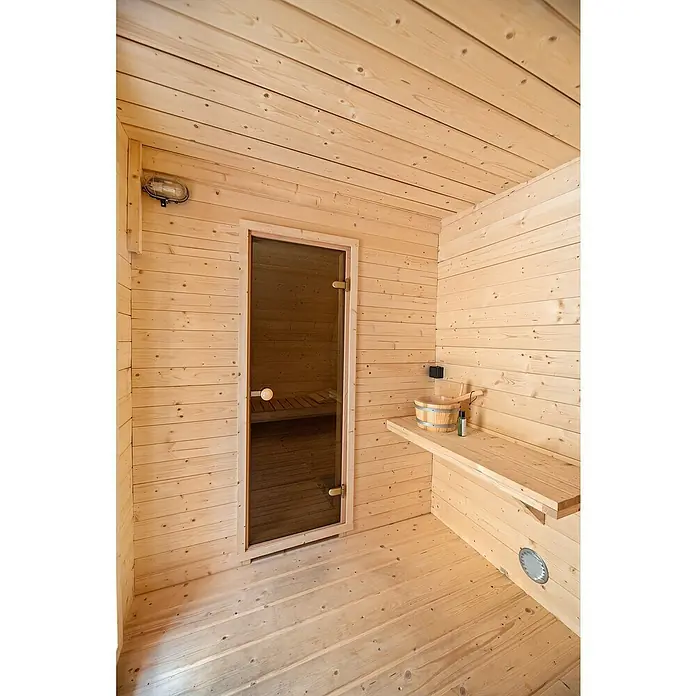 Tuindeco Saunahaus - L x B x H: 405 x 240 x 216 cm, Ohne Ofen - Einladende Sauna mit Holzwänden, Glas Tür und hölzernem Eimer mit Schöpfkelle. Entspannung pur in dieser Wohlfühloase.