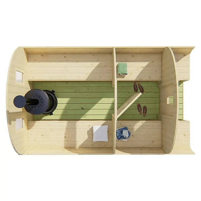 Tuindeco Fasssauna - L x B x H: 350 x 205 x 225 cm, Ohne Ofen, Unbehandelt - Draufsicht einer Holzsauna mit Ofen, Handtüchern und Sandalen, die eine entspannende Wellness-Oase für zu Hause schafft.