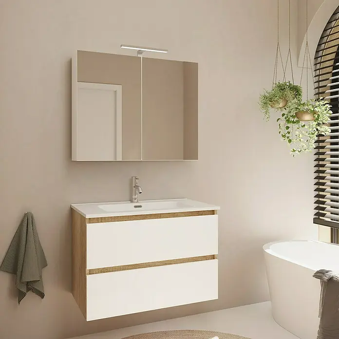 Artysan Armario con espejo LED Loft - An x Al: 65 x 80 cm, Blanco, Con iluminación, Número de puertas: 2 ud. - Un elegante lavabo de baño con dos cajones en blanco y aspecto de madera, bajo un espejo con iluminación.