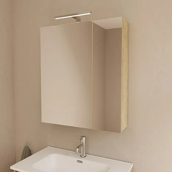 Artysan Armario con espejo LED Loft - An x Al: 70 x 80 cm, Nature, Con iluminación, Número de puertas: 2 ud. - Un moderno mueble de baño con puertas de espejo e iluminación integrada sobre un lavabo blanco con grifo.