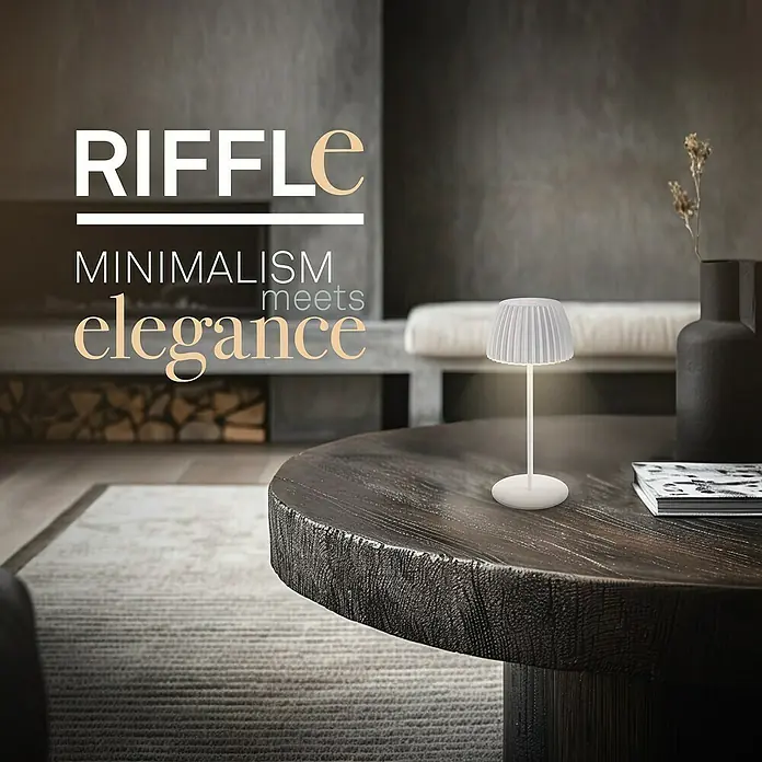 Brilo Riffle Akku-Tischleuchte - Ø x H: 8,5 x 20,1 cm, Weiß, Warmweiß, 1,5 W, IP44, Mini - Elegante RIFFLE Tischleuchte im minimalistischen Design. Die perfekte Beleuchtung für ein stilvolles Ambiente mit sanftem Licht.