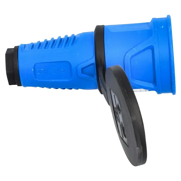UniTEC Gummi-Schutzkontakt-Kupplung Taurus 2 - Blau, 250 V, IP54 - Nahaufnahme einer blauen Schlauchkupplung mit schwarzem Verschlussdeckel.