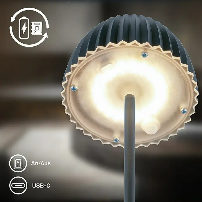 Brilo Riffle Akku-Tischleuchte - Ø x H: 8,5 x 20,1 cm, Anthrazit, Warmweiß, 1,5 W, IP44, Mini - Nahaufnahme einer modernen LED-Tischleuchte mit Akku, die ein warmes Licht ausstrahlt und über USB-C aufladbar ist.