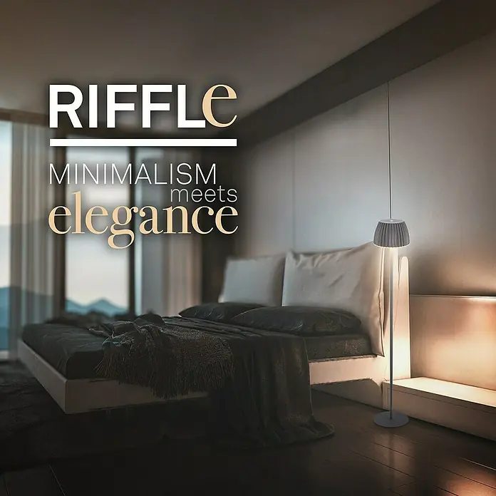 Brilo Riffle Akku-Stehleuchte Maxi - Ø x H: 19 x 124,1 cm, Anthrazit, Warmweiß, 4,2 W, IP44 - Elegante Stehleuchte "Riffle" im minimalistischen Schlafzimmer-Design, die für stilvolle Beleuchtung sorgt.