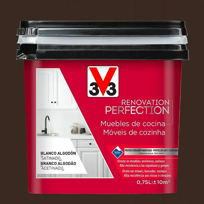 V33 Esmalte Cocinas Renovation Perfection - Negro cuarzo, 750 ml, Satinado - Bote de pintura para muebles de cocina V33 en blanco algodón, ideal para renovar la cocina.