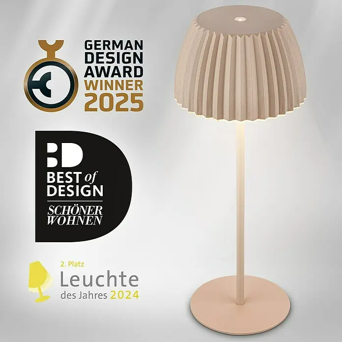 Brilo Riffle Akku-Tischleuchte - Ø x H: 14,3 x 36,4 cm, Beige, Warmweiß, 2 W, IP44, Classic - Bild einer Tischleuchte in sanften Farbtönen, ausgezeichnet mit Designpreisen, die ihre Ästhetik und Qualität hervorheben.