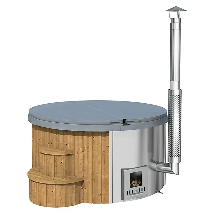 Tuindeco Hot Tub Deluxe - 200 cm, Kiefer, Natur, Max. Personenzahl: 6 Stk. - Eine Nahaufnahme eines Badezubers mit Holzofen. Der Badezuber hat Holzstufen, eine Abdeckung und einen Schornstein.
