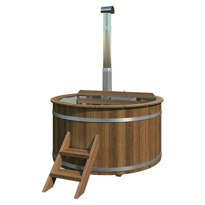 Tuindeco Hot Tub - 188 cm, Kiefer, Natur, Max. Personenzahl: 6 Stk. - Holzbefeuerter Badezuber mit Leiter und Edelstahlschornstein für ein entspannendes Badeerlebnis im Freien.