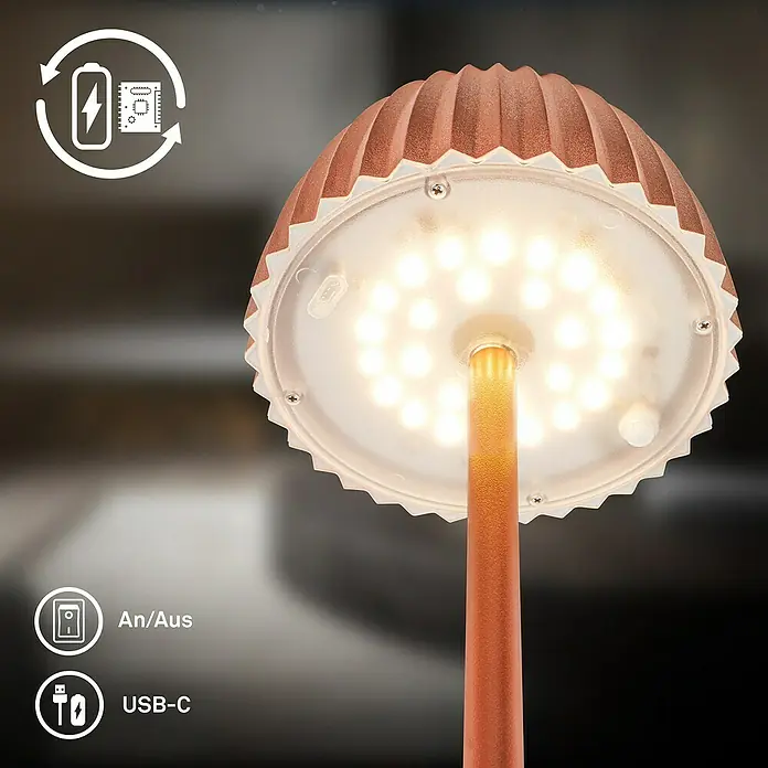 Brilo Riffle Akku-Stehleuchte Maxi - Ø x H: 19 x 124,1 cm, Kupfer, Warmweiß, 4,2 W, IP44 - Nahaufnahme einer modernen, wiederaufladbaren LED-Tischlampe in Kupferoptik.